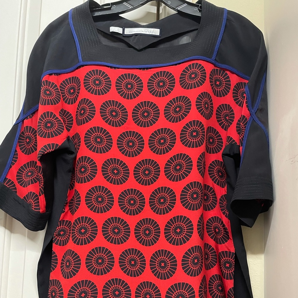 Red and black silk blouse with sheer back